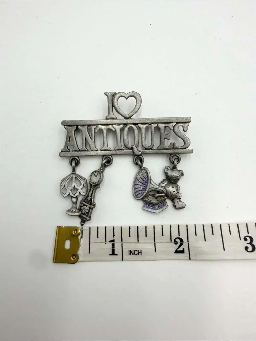 Vintage JJ Jonette “I Love Antiques” Dangling Charm Brooch – Pewter Tone